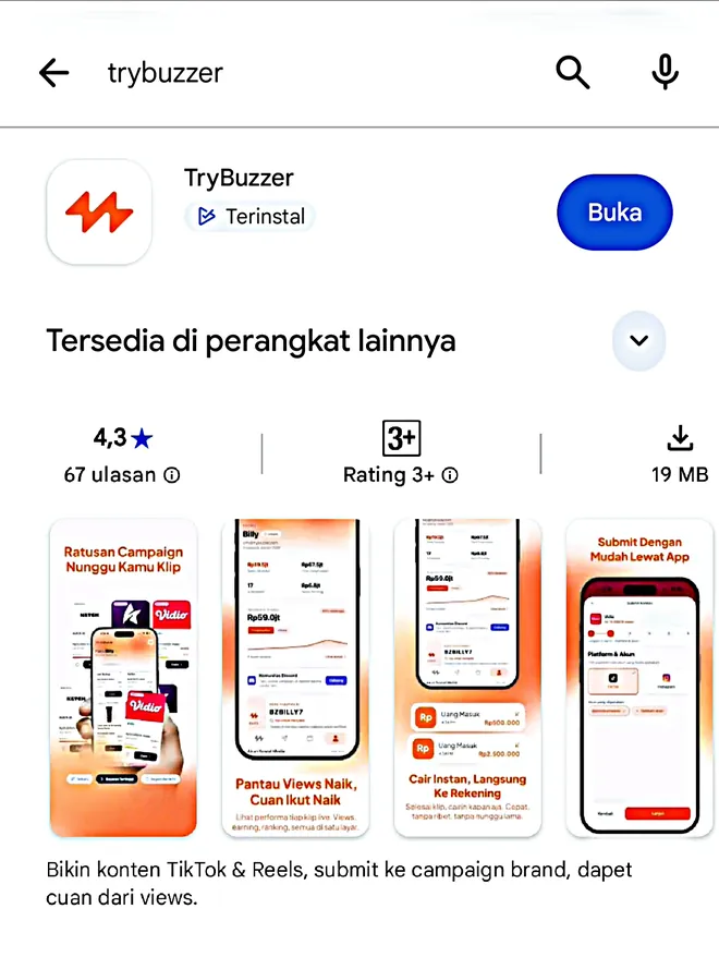 Listing app TryBuzzer di Google Play Store