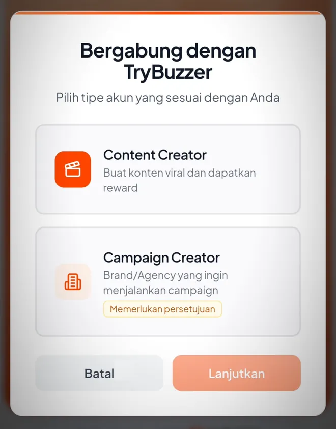Pilihan tipe akun saat daftar TryBuzzer: Content Creator atau Campaign Creator