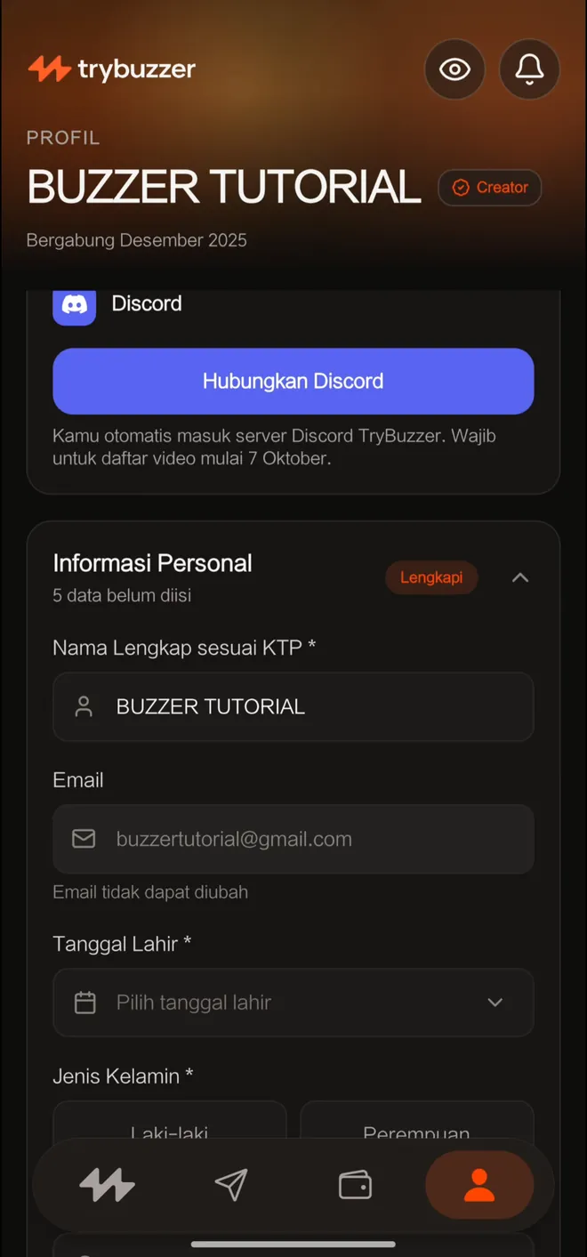 Tab Profil app TryBuzzer dengan form Informasi Personal