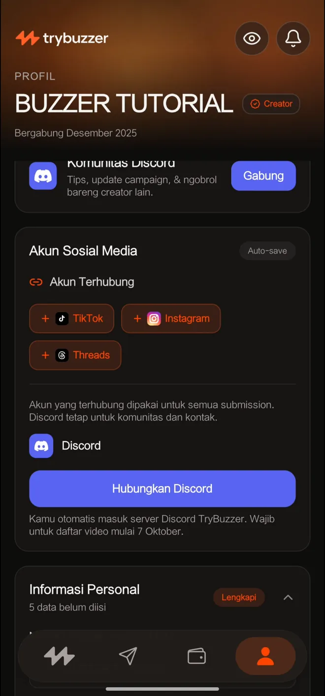 Tombol Hubungkan Discord di tab Profil app TryBuzzer