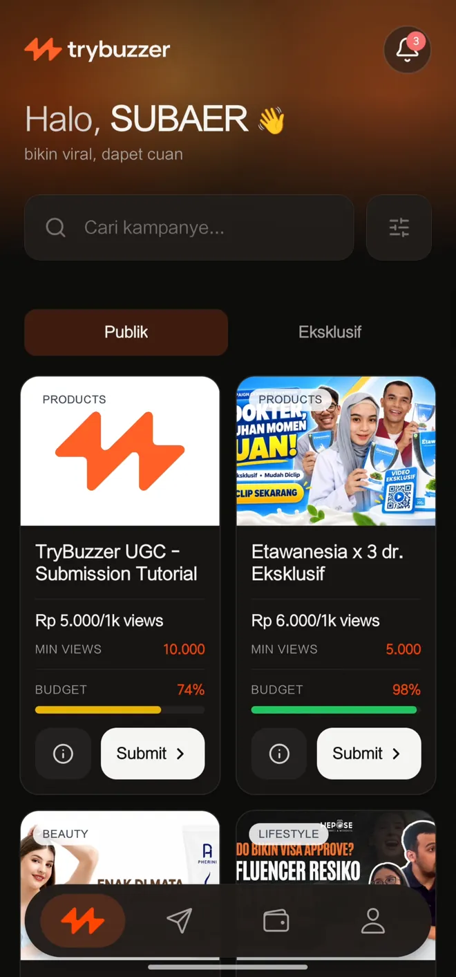 Beranda app TryBuzzer dengan tab Publik dan Eksklusif, pencarian, filter, dan kartu kampanye