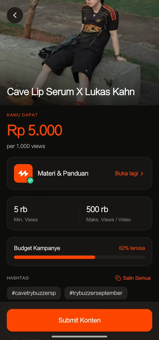 Detail kampanye TryBuzzer: rate per 1.000 views, Materi & Panduan, minimum dan maksimum views, budget, dan hashtag