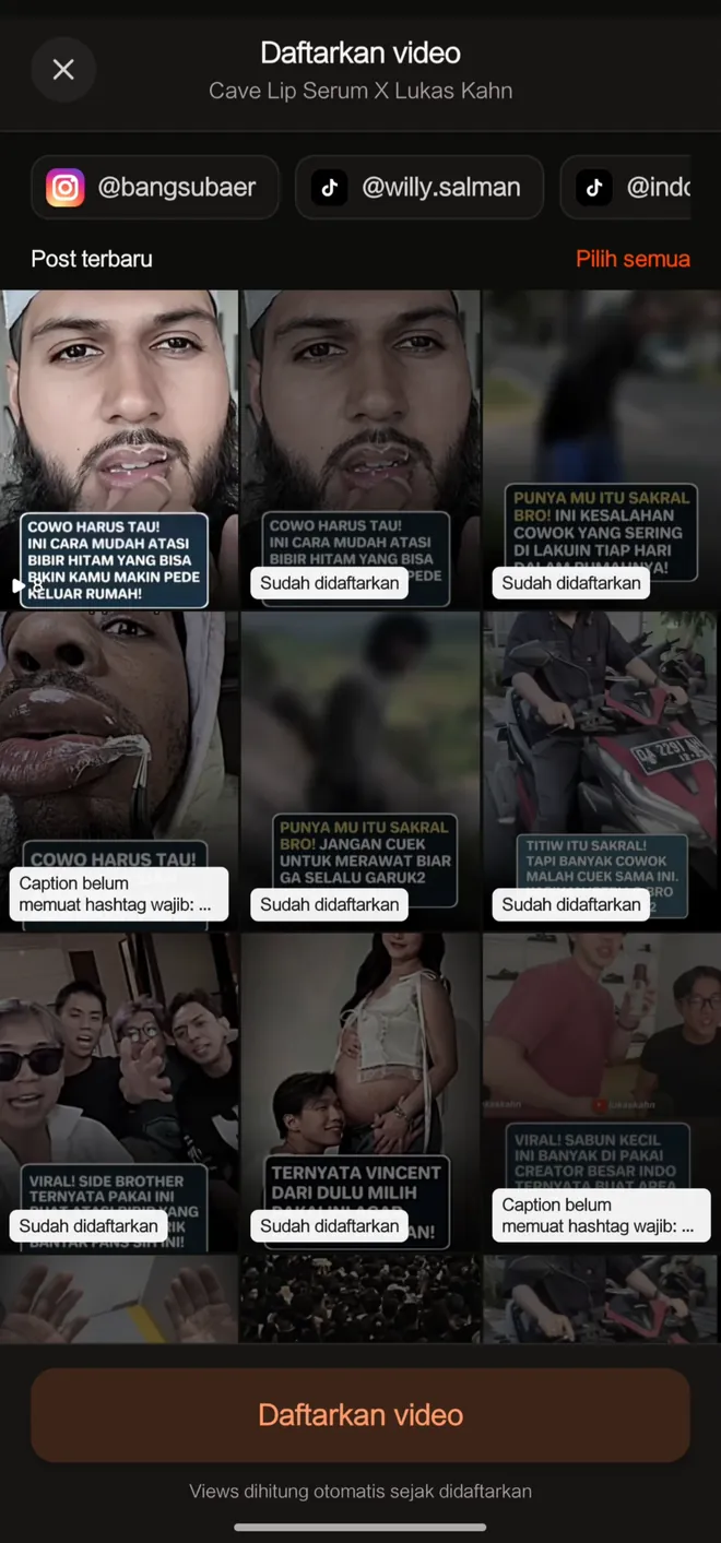 Halaman Daftarkan video: postingan terbaru dari akun terhubung, sebagian redup dengan alasannya