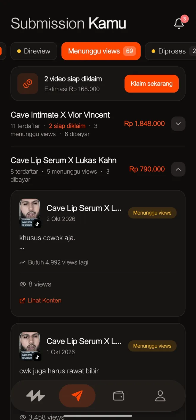 Tab Submission dengan status Menunggu views dan sisa views yang dibutuhkan