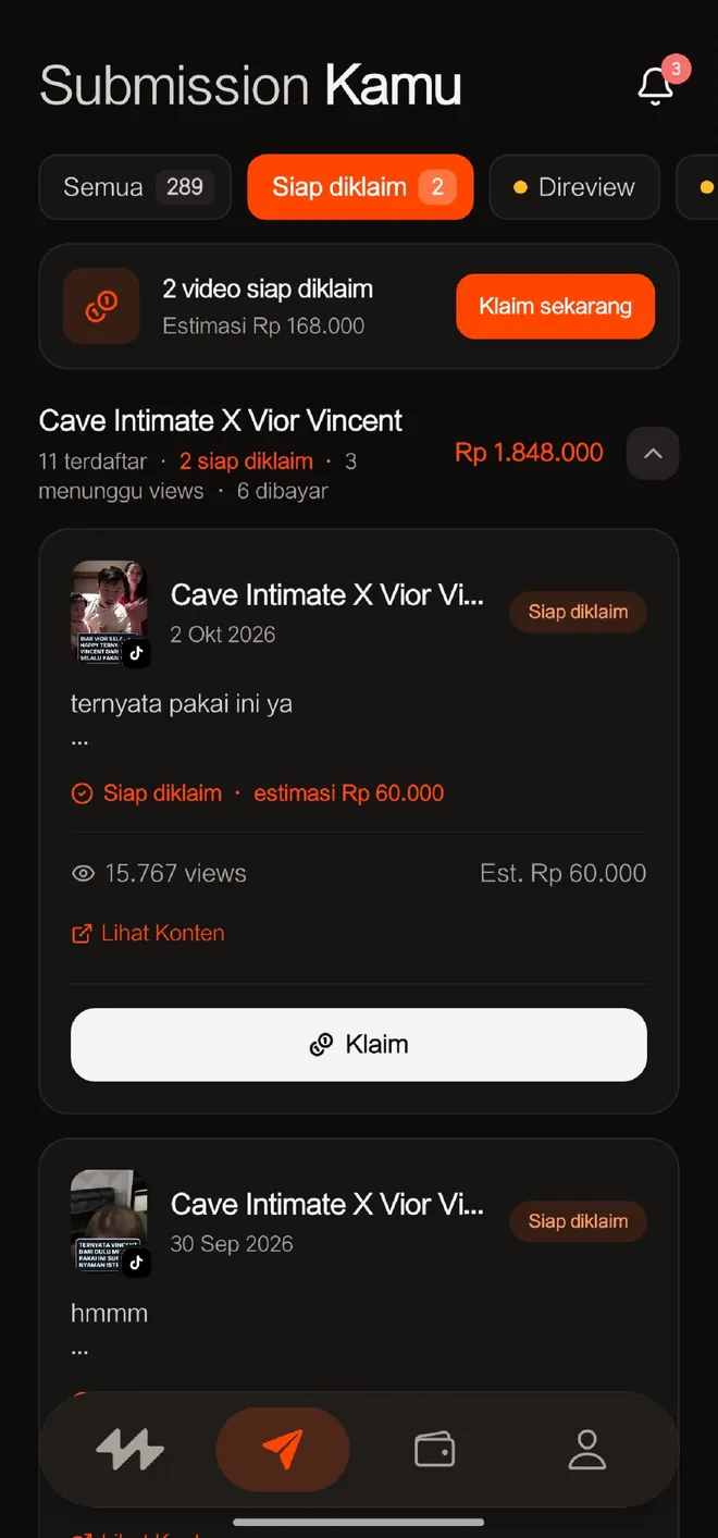 Tab Submission dengan video berstatus Siap diklaim, estimasi bayaran, dan tombol Klaim