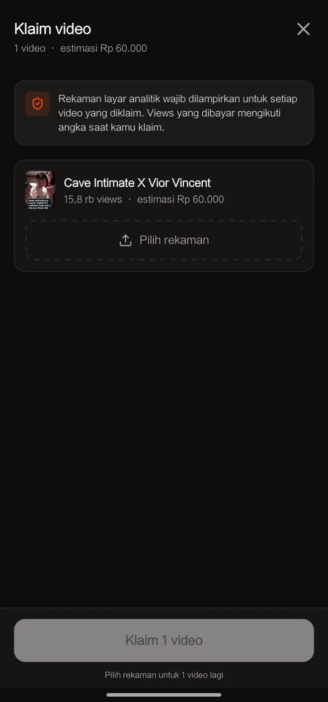 Layar Klaim video dengan slot Pilih rekaman untuk tiap video