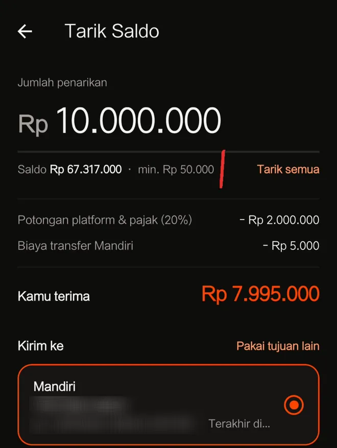 Layar Tarik Saldo: nominal, potongan platform dan pajak 20%, biaya transfer, dan jumlah yang diterima