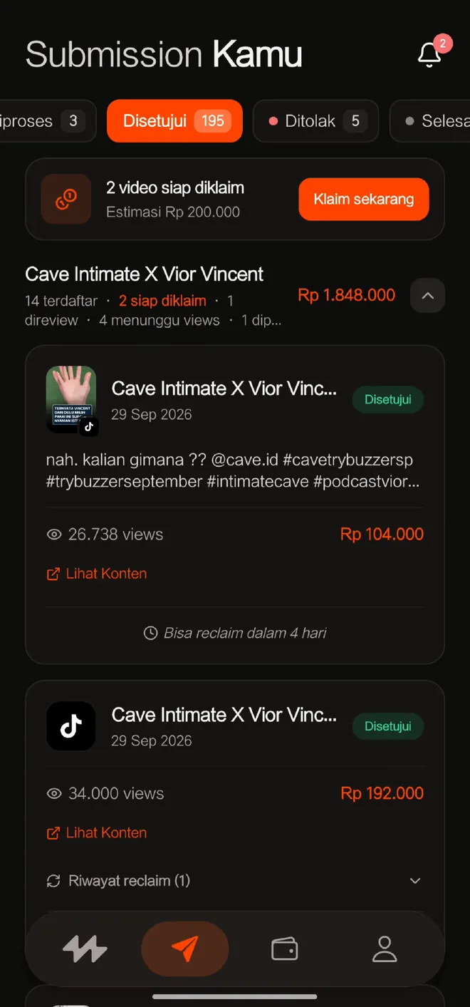Tab Submission dengan video Disetujui dan keterangan Bisa reclaim dalam 4 hari