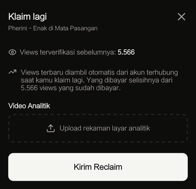 Layar Klaim lagi: views terverifikasi sebelumnya, upload rekaman analitik, dan tombol Kirim Reclaim